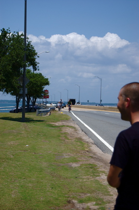 Just Making it over the 3-mile Bridge — we waited for like 10 mins. Didn't think they were that far behind.
