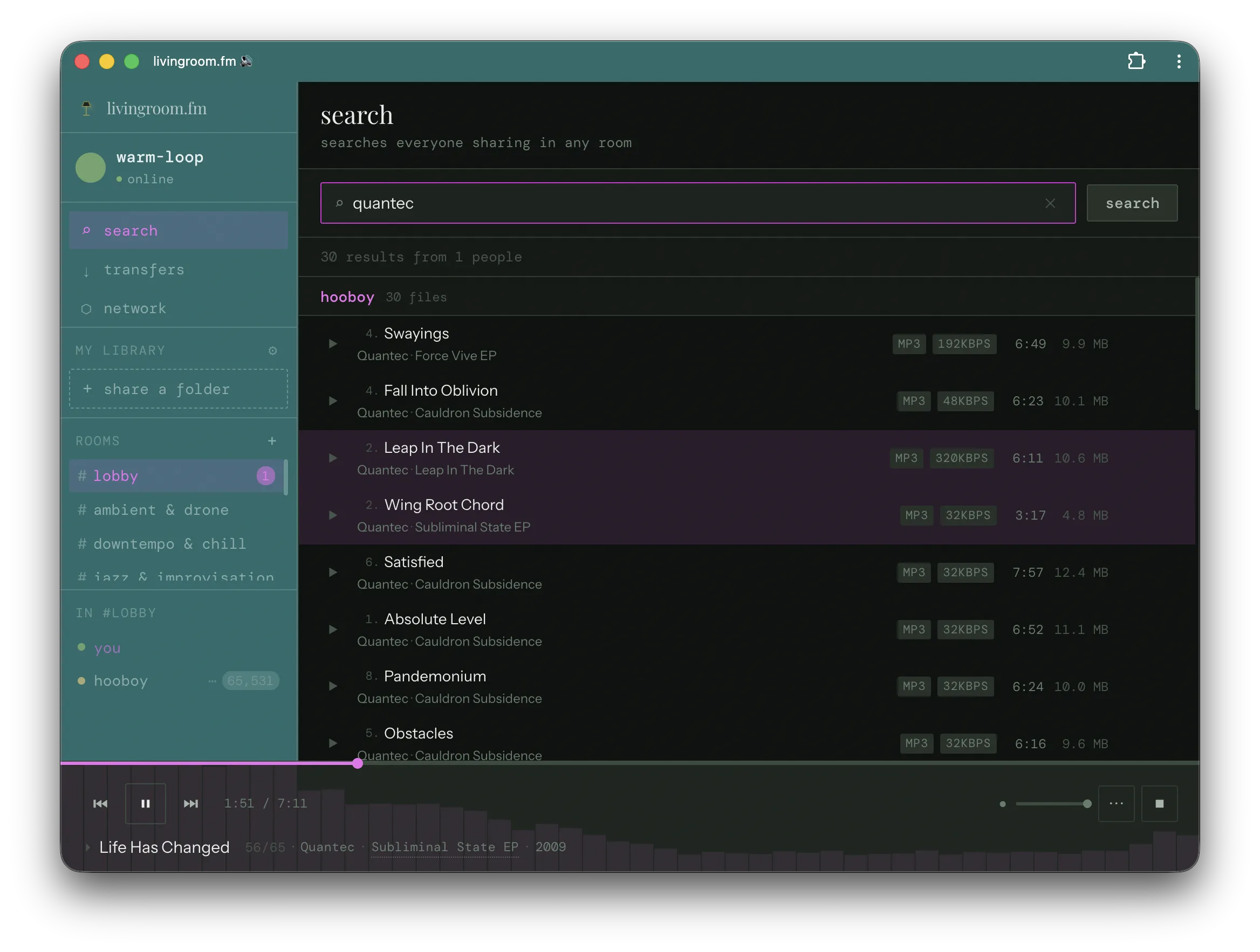 screenshot of livingroom.fm UI