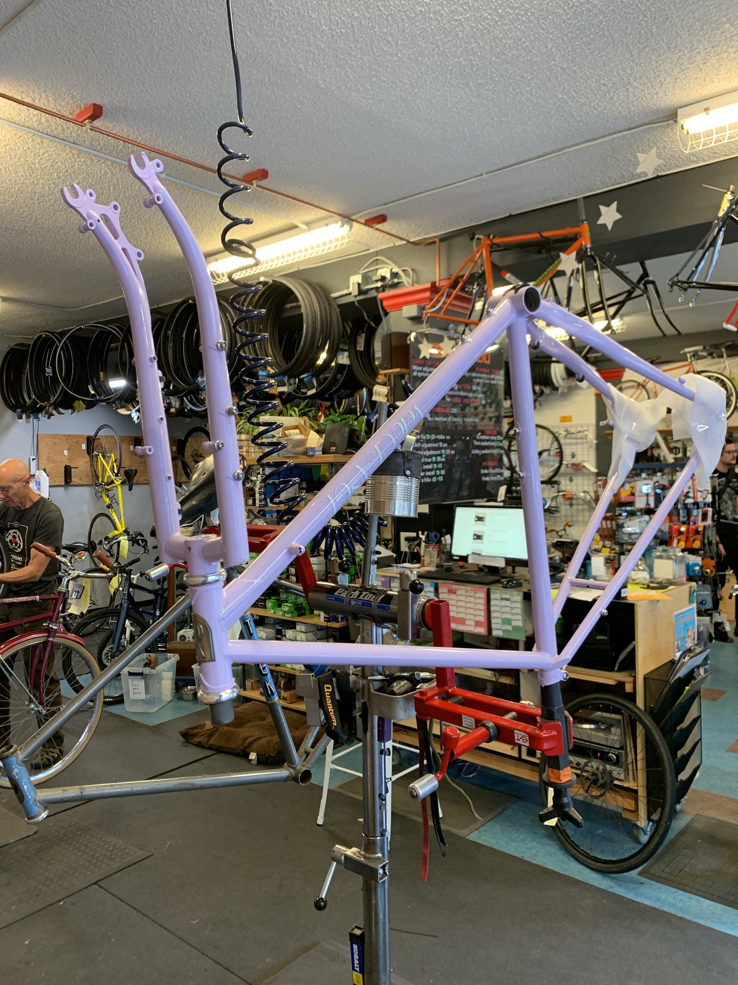 At Kenton Cycles getting help installing the headset.